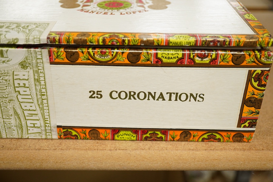 A box of eighteen Punch Coronation Cuban cigars, in opened box.
